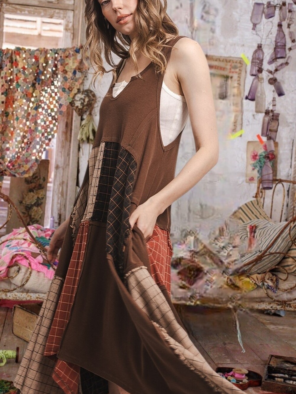 Boho Patchwork Free Style Tank Dress Bohemian Summer Hippie Peasant Dress L/XL - Picture 8 of 8